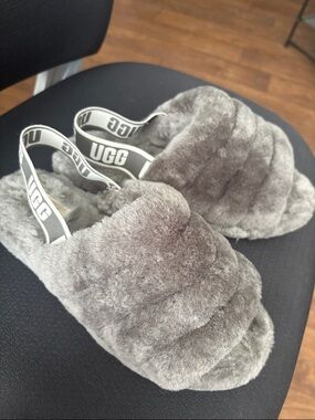 UGG Gray Plush Shearling Slide Sandals with Logo Strap